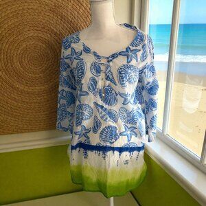 PEPPERMINT BAY 100% Cotton Seashell Green Blue Ombre Tunic Top Size S
